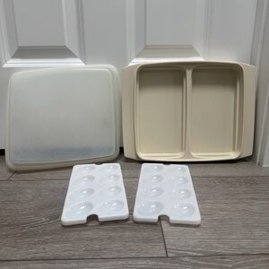 TUPPERWARE VINTAGE DEVILED EGG CONTAINER WITH TRAYS AND LID ALMOND 723-1